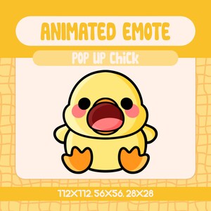 Peut inclure: Illustration de dessin animé d'un poussin jaune avec une bouche ouverte, des yeux noirs et des joues roses. Le texte "ANIMATED EMOTE" et "POP UP CHICK" est affiché au-dessus du poussin. L'image comprend également les dimensions 112x112, 56x56, 28x28.