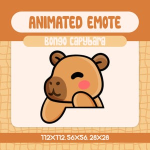 Może przedstawiać: Animowana emotka przedstawiająca kreskówkową kapibarę z rumieńcem. Obraz zawiera tekst "ANIMATED EMOTE" i "BONGO CAPYBARA" w zabawnej czcionce. Wymiary to 112x112, 56x56, 28x28.