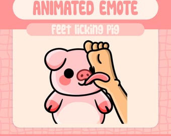 Può includere: Emote animata con un maiale dei cartoni animati che lecca un piede. Il maiale è rosa con occhi neri e una coda arricciata. Il testo "Animated Emote" e "Feet licking Pig" è visualizzato in un banner rosa.