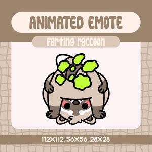 Puede incluir: Un emote animado con un mapache de dibujos animados con un cuerpo marrón y gris, una cara blanca y nubes de pedos verdes. El texto "ANIMATED EMOTE" y "Farting raccoon" se muestran encima de la imagen. Las dimensiones de la imagen son 112x112, 56x56 y 28x28 píxeles.