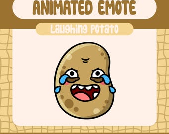 May include: Animated emote featuring a laughing potato character with tears and an open mouth. The text "ANIMATED EMOTE" is at the top, with "Laughing Potato" below. The image includes size dimensions: 112x112, 56x56, 28x28.