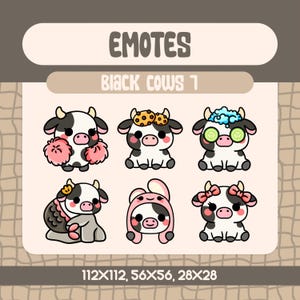6 Kawaii Black Cow Emotes Pack for Twitch and Discord Streamers, Cute Cow Emote Bundle with Cheer Spa Cookie and Girly Bunny Themes