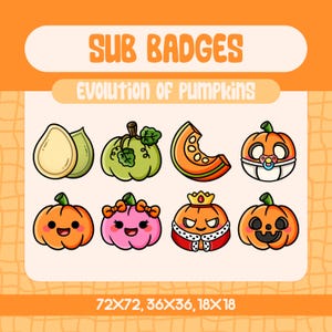Kawaii Pumpkin Evolution Sub Badges for Twitch, Cute Seed to Jack O Lantern Growth Badge Set, Halloween Twitch Subscriber Badges