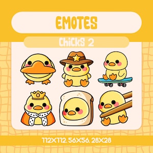 6 Kawaii Chick Emotes Pack for Twitch and Discord, Cute Yellow Duck Reaction Emote Set with Sheriff Hat, Crown and Funny Bread Themes
