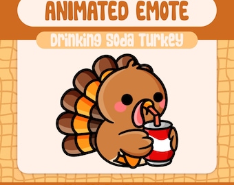 Kawaii Drinking Soda Turkey Emote for Twitch, Cute Thanksgiving Emote for Stream, Sipping Drink Animated Twitch Emote