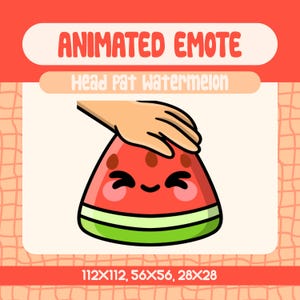 Puede incluir: Emoticón animado de una rodaja de sandía sonriente siendo acariciada en la cabeza. La sandía es roja con semillas negras y una cáscara verde. Texto: "ANIMATED EMOTE" y "Head Pat Watermelon".