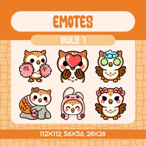 6 Kawaii Owl Emotes Pack for Twitch and Discord, Cute Bird Expressions Set with Spa Cozy and Cheer Themes for Streamers and Creators