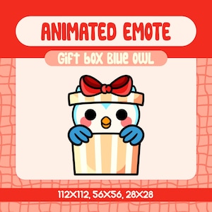 Kawaii Blue Owl in Gift Box Animated Emote for Twitch, Cute Surprise Bird Emote for Streamers and Discord, Funny Owl Pop Up Moment