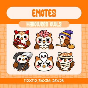 May include: A collection of six cartoon Halloween owl emotes. Each owl is brown, white, and orange, with unique costumes and expressions. The text "EMOTES" and "Halloween OWLS" are displayed above the images. The image sizes are 112x112, 56x56, and 28x28 pixels.