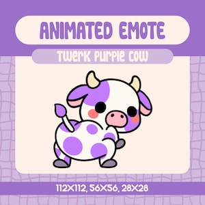 Emote animée vache violette twerk kawaii pour Twitch et Discord, emote vache drôle danse butin pour réactions et moments hype