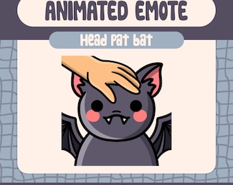 Puede incluir: Emoji animado de un lindo murciélago de dibujos animados con mejillas rosadas que recibe una caricia en la cabeza de una mano. El murciélago es gris con alas negras y una sonrisa blanca. El texto "Head Pat bat" está encima de la imagen. El texto "112×112, 56×56, 28×28" está debajo de la imagen.