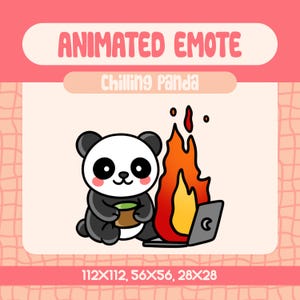 Kawaii Chilling Panda Animated Emote for Twitch and Discord, Cute Burning Laptop Reaction Emote for Calm Chaos Moments