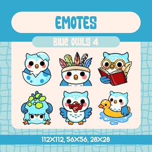 6 Blue Owl Emotes for Twitch and Discord, Kawaii Bird Set with Reading Swimming Leaf and Hatched Owl