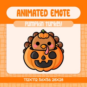 May include: An animated emote featuring a cartoon turkey inside a carved orange pumpkin. The turkey has brown feathers, a pink face, and a red wattle. The pumpkin has a smiling face. The text "ANIMATED EMOTE" and "Pumpkin turkey" are displayed.
