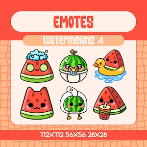 May include: A collection of six watermelon-themed emotes with cute faces. The emotes include a watermelon slice with cucumber slices, a watermelon baby, a watermelon slice with a rubber duck, a watermelon cat, a watermelon goose, and a watermelon slice with a drink. The text "EMOTES Watermelons 4" is at the top.