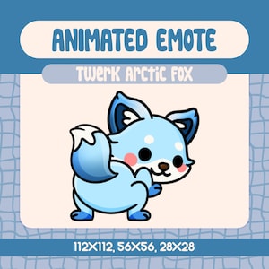 May include: A cartoon illustration of a light blue arctic fox in a playful pose. The fox has dark blue accents on its ears and tail, with pink cheeks and a black nose. Text at the top reads "ANIMATED EMOTE" and "Twerk Arctic Fox". The image includes size dimensions.