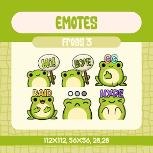 Kawaii Frog Emote Pack For Streamers, Fun Frog Twitch Emote Set With Hi, Bye, Raid, GG, Hype, And Thinking Reactions For Discord Emotes