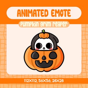 Emote animata di Halloween con zucca e mietitore per Twitch, Discord, streaming, emote kawaii carina per la stagione spettrale, atmosfere autunnali