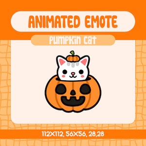 May include: A white cat with a small orange pumpkin on its head sits inside a larger orange pumpkin with a jack-o'-lantern face. The text "ANIMATED EMOTE" and "PUMPKIN cat" is above the image. The text "112X112, 56X56, 28,28" is below the image.