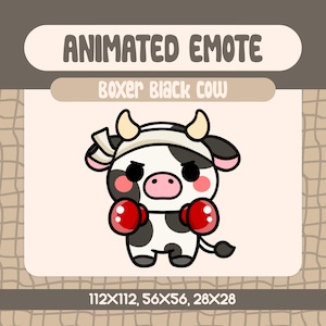 Kawaii Boxer Black Cow Animated Emote For Twitch And Discord, Funny Angry Cow Punching Meme Emote For Competitive Stream Reactions