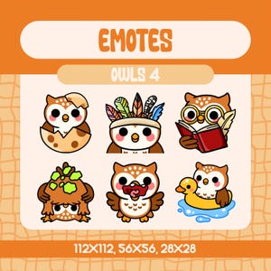 6 Kawaii Owl Emotes Pack for Twitch and Discord, Funny Bird Reactions Set with Eggshell Book Duck Leaf Mask and Silly Faces