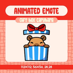 Kawaii Gift Box Capybara Animowana Emotka na Twitch i Discord, Słodka Niespodzianka Kapibara Emotka na świąteczne transmisje, Animowana Emotka na Boże Narodzenie
