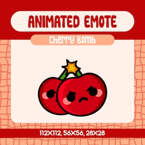 May include: Animated emote graphic featuring two red cherries with angry faces, a green stem, and a yellow starburst. The text "Cherry Bomb" is displayed below the words "ANIMATED EMOTE". The image dimensions are 112x112, 56x56, and 28x28 pixels.