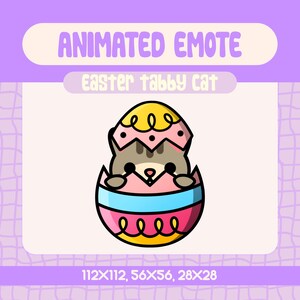 May include: Animated Easter tabby cat emoji. A cartoon cat with gray fur is peeking out of a pink and yellow Easter egg. The egg has a blue ribbon around it.