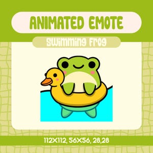 May include: A green frog wearing a yellow ducky float in a blue pool. Animated emote, Swimming Frog.