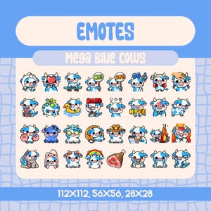 32 Kawaii Blue Cow Emotes for Twitch and Discord Streamers, Ultimate Cute Cow Emote Bundle with Funny Reactions Cozy Food and Text Signs