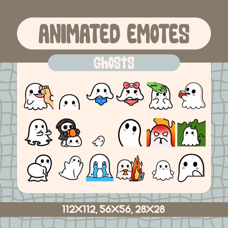 May include: A set of 18 animated ghost emojis in various poses and expressions. The emojis are in different sizes, with the largest being 112x112 pixels, the medium being 56x56 pixels, and the smallest being 28x28 pixels.