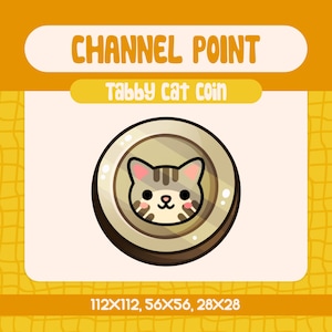 Może przedstawiać: Okrągły, brązowy medalion z twarzą kota pręgowanego w środku. Medalion zawiera napis "CHANNEL POINT" i "Tabby cat coin". Medalion jest dostępny w trzech rozmiarach: 112x112, 56x56 i 28x28.
