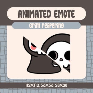 May include: Animated emote graphic of a cartoon Grim Reaper. The reaper has a black hood, a white skull face, and a pink accent. The text "ANIMATED EMOTE" and "Grim reapering" are displayed above the graphic. The image sizes are 112x112, 56x56, and 28x28 pixels.