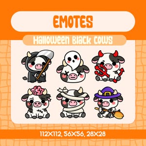 May include: A collection of six cartoon cow emotes for Halloween. Each cow is black and white, dressed in various costumes, including a ghost, devil, and mummy. The text "EMOTES" and "Halloween Black Cows" are displayed.