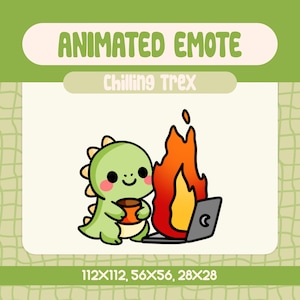Kawaii Chilling T-Rex Emote with Burning Laptop for Twitch and Discord, Funny Relaxed Dinosaur Reaction Emote for Streaming Moments