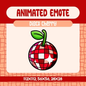 Peut inclure: Emote animé représentant une cerise boule à facettes avec une tige et une feuille vertes. Le texte "ANIMATED EMOTE" est en haut, avec "Disco Cherry" en dessous. L'image comprend les dimensions : 112x112, 56x56 et 28x28.