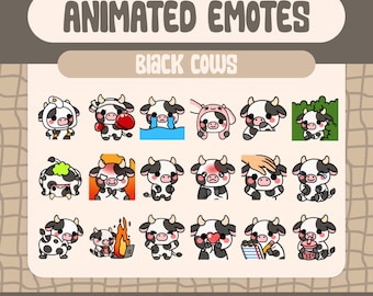 Emote animate di mucca nera kawaii, pacchetto streamer Twitch Discord (download digitale)