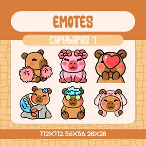 6 Kawaii Capybara Emotes Pack for Twitch and Discord, Cute Capybara Reaction Emote Set with Spa, Bunny Hood, Cheer, Hearts and Cozy Moments