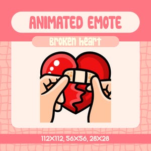 May include: A cartoon illustration of a broken heart being mended with a bandage. The heart is red with a white bandage. Two hands are holding the bandage on the heart. The text "ANIMATED EMOTE" and "Broken heart" are above the image. The text "112×112, 56×56, 28×28" is below the image.