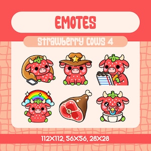 6 Kawaii Strawberry Cow Emotes Pack for Twitch and Discord Streamers, Cute Cow Emote Set with Rainbow Baby Sheriff Meat and Cozy Vibes