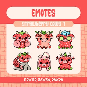 6 Kawaii Strawberry Cow Emotes Pack for Twitch and Discord Streamers, Cute Cow Emote Set with Cheer Spa Bunny Mermaid and Girly Vibes