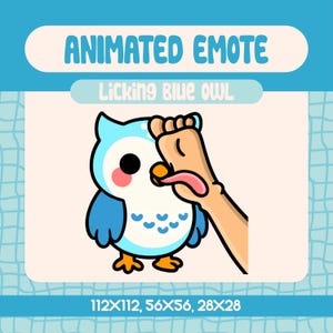 Kawaii Blue Owl Licking Hand Animated Emote for Twitch, Funny Bird Interaction Emote for Streamers and Discord Reaction Moments