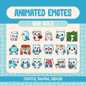 18 Kawaii Blue Owl Animated Emotes for Twitch, Cute Bird Reaction Emote Set for Streamers and Discord, Funny and Expressive Owls