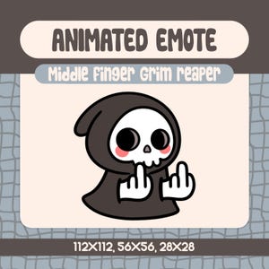 Pode incluir: Uma emote animada com um personagem de desenho animado da Morte com um rosto de caveira e uma túnica preta, mostrando o dedo do meio. O texto "ANIMATED EMOTE" e "Middle Finger Grim reaper" são exibidos acima do personagem. Dimensões: 112x112, 56x56, 28x28 pixels.