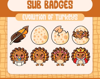 Kawaii Thanksgiving Turkey Sub Badges for Twitch, Adorable Evolution of Turkey Badge Set with Baby to Royal Stages