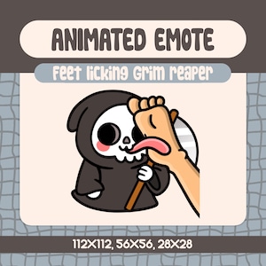 Może przedstawiać: Animowana emotka przedstawiająca kreskówkową postać Grim Reapera w czarnej szacie z kapturem i twarzą czaszki. Tekst "ANIMATED EMOTE" i "Feet licking Grim reaper" są wyświetlane nad obrazem. Wymiary obrazu to 112x112, 56x56 i 28x28.