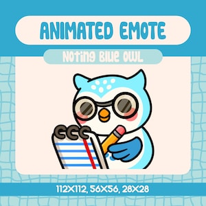 Kawaii Blue Owl Taking Notes Animated Emote for Twitch, Funny Studying Bird Emote for Streamers and Discord Observation Moments