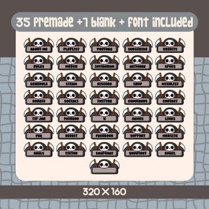 May include: A collection of 35 premade and 1 blank digital stream overlay panels. Each panel features a cartoon skull with a scythe, with text such as "About Me", "Playlist", and "Youtube". The image dimensions are 320 x 160.