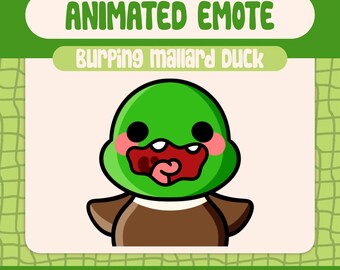 May include: A cartoon illustration of a green-headed duck with a brown body, pink cheeks, and a red tongue. The text reads "ANIMATED EMOTE" and "BURPING MALLARD DUCK". The image dimensions are listed at the bottom of the image.