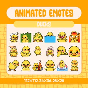 18 Kawaii Yellow Duck Animated Emotes for Twitch and Discord, Cute Duck Reaction Emote Set with Funny Faces for Streamers and Cozy Channels